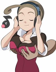  1boy ahoge alexa_(pokemon) breasts brown_hair chatot cleavage closed_eyes commentary_request deep_skin disembodied_hand female grabbing grabbing_another&#039;s_breast grabbing_from_behind groping headphones large_breasts listening_to_music low-cut pokemon pokemon_(creature) pokemon_xy refuto smile solo_focus straight 