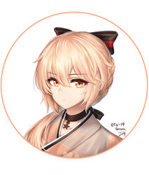  absurdres alternate_costume baek_hyang black_bow black_ribbon blonde_hair blush bow braid breasts character_name choker closed_mouth collarbone commentary_request female floral_print girls&#039;_frontline hairbow highres japanese_clothes kimono korean_commentary long_hair looking_at_viewer low_ponytail official_alternate_costume orange_kimono ots-14_(flurry_of_petals)_(girls&#039;_frontline) ots-14_(girls&#039;_frontline) ribbon sidelocks signature simple_background solo star_(symbol) star_choker very_long_hair white_background yellow_eyes 