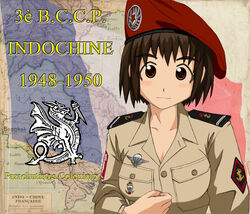  ayase_fuuka badge beret blush breasts brown_eyes brown_hair colored_sclera commentary dragon epaulettes female first_indochina_war france french_army french_flag french_text hat medium_breasts military military_uniform photoshop_(medium) short_hair smile soldier solo thick_eyebrows tiger_monta troupes_de_marine uniform upper_body vietnam yotsubato! 