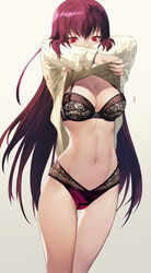  alternate_costume arms_up black_bra bra breasts bright_pupils cleavage commentary cowboy_shot fate/grand_order fate_(series) female fingernails gradient_background grey_background highres lace lace-trimmed_panties lace_trim lingerie long_hair long_sleeves looking_down medium_breasts mismatched_underwear motion_lines navel panties pink_panties purple_hair red_eyes salmon88 scathach_(fate) solo standing stomach straight_hair sweater thigh_gap thighs tsurime underwear undressing very_long_hair 