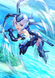  armor ass bad_id bad_pixiv_id bare_shoulders black_gloves blue_eyes blue_hair blue_sky cloud collarbone commentary_request day dual_wielding female flying frame_arms_girl frilled_skirt frills gauntlets gloves hair_between_eyes headgear highres holding island jet_engine katana long_hair mecha_musume momoto outdoors panties photoshop_(medium) scabbard sheath sidelocks skirt sky striped_clothes striped_panties stylet sword twintails underwear water weapon 