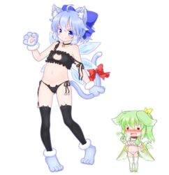  &gt;:) 2girls =_= adapted_costume ahoge animal_cutout animal_ear_legwear animal_ears animal_hands animal_print bare_arms bare_shoulders bell black_bra black_panties black_thighhighs blue_eyes blue_hair blush bow bra breasts cat_cutout cat_ear_legwear cat_ear_panties cat_ears cat_lingerie cat_paws cat_print cat_tail cat_teaser cirno cleavage_cutout clothing_cutout collar commentary_request daiyousei dog_ears dog_tail drooling fairy_wings fang_out female_pervert flat_chest gloves green_hair hair_ribbon hairbow heavy_breathing highres ice ice_wings jingle_bell kemonomimi_mode meme_attire midriff mofu_mofu multiple_girls navel neck_bell oerba_yun_fang off_shoulder panties paw_gloves paw_shoes pervert plant ponytail ribbon shoes side-tie_panties side_ponytail smile strap_slip sweat tail tail_bow tail_ornament tail_wagging thighhighs thighs touhou underwear underwear_only v-shaped_eyebrows white_bra white_legwear white_panties wings 