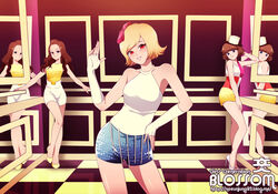  blonde_hair bow brown_hair checkered checkered_floor female floor fringe girls&#039;_generation halter_top halterneck hat high_heels jessica_(girls&#039;_generation) k-pop long_hair mirror multiple_girls pose reflection short_hair shorts smile sunny_(girls&#039;_generation) tiffany_(girls&#039;_generation) top_hat trio 