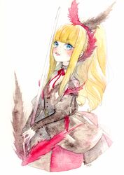  bad_id bad_pixiv_id black_dress blonde_hair blue_eyes blunt_bangs blush commentary conductor_baton dress elyse_(sound_horizon) feathers female high_ponytail lips long_hair long_sleeves looking_at_viewer maerchen_(sound_horizon) painting_(medium) ponytail sidelocks solo sound_horizon traditional_media watercolor_(medium) yasuu! 