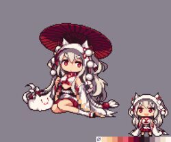  animal_hood azur_lane chibi color_guide commentary_request creature detached_sleeves female grey_background grey_hair hair_between_eyes himouto!_umaru-chan holding holding_umbrella hood ino_futon long_hair lowres midriff multiple_views official_alternate_costume oil-paper_umbrella parody pixel_art pom_pom_(clothes) red_skirt sitting skirt socks style_parody thick_eyebrows umbrella very_long_hair white_socks yuudachi_(azur_lane) yuudachi_(the_bride_of_solomon)_(azur_lane) 