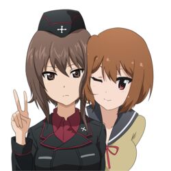  2girls anime_coloring breasts brown_eyes brown_hair garrison_cap girls_und_panzer hat large_breasts looking_at_viewer military mp893 multiple_girls nishizumi_maho one_eye_closed red_eyes school_uniform short_hair simple_background smile takamiya_nasuno teekyuu uniform v white_background 