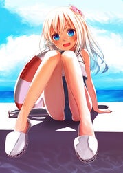  :d absurdres blonde_hair blue_eyes blush commentary_request crop_top female flower hair_flower hair_ornament highres innertube kantai_collection legs long_hair looking_at_viewer mocha_(snowflake) open_mouth photoshop_(medium) ro-500_(kancolle) school_swimsuit sitting smile solo swim_ring swimsuit swimsuit_under_clothes tan tanlines 