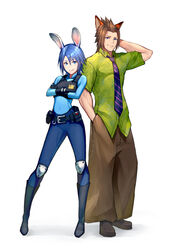  1boy animal_ears aqua_(kingdom_hearts) baggy_pants blue_eyes blue_hair boots breasts brown_hair commentary_request cosplay crossed_arms eyelashes female fox_boy fox_ears full_body gloves gogo_(detteiu_de) highres judy_hopps judy_hopps_(cosplay) kingdom_hearts kingdom_hearts_birth_by_sleep looking_at_viewer medium_breasts necktie nick_wilde nick_wilde_(cosplay) pants parody police police_uniform policewoman rabbit_ears rabbit_girl rabbit_tail short_hair simple_background smile spiked_hair standing tail terra_(kingdom_hearts) uniform white_background zootopia 