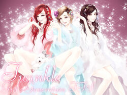  3girls blue_dress bow brown_hair canine copyright_name dress fur_trim girls&#039;_generation hairband jewelry k-pop legs long_hair multiple_girls pink_dress puppy red_hair seohyun_(girls&#039;_generation) smile sparkle taeyeon_(girls&#039;_generation) teeth tiffany_(girls&#039;_generation) trio white_dress 