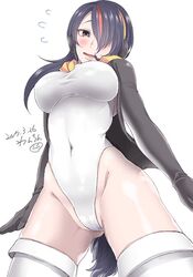  bad_id bad_twitter_id black_hair blush breasts dated emperor_penguin_(kemono_friends) female hair_over_one_eye headphones hjm kemono_friends large_breasts leotard long_hair looking_at_viewer multicolored_hair solo thighhighs twitter_username white_leotard white_thighhighs 