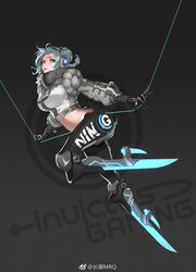  artist_name breasts camille_(league_of_legends) character_name commentary_request crop_top esports_cosmetic female grey_hair headphones highres huge_breasts invictus_gaming jacket league_of_legends league_of_legends_world_championship leg_blade midriff mrq ning_(gamer) string 