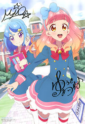  2girls :d absurdres aikatsu!_(series) aikatsu_friends! blue_bow blue_dress blue_hair blue_sky blunt_bangs blush book bow bowtie bush character_signature cloud day dress frilled_dress frills gradient_hair grass hair_ornament hairbow highres holding holding_book long_hair looking_at_viewer magazine_request minato_mio multicolored_hair multiple_girls official_art okutani_chikako open_mouth orange_eyes outdoors pink_hair pink_sailor_collar print_dress purple_eyes red_bow red_bowtie round_teeth sailor_collar scan school school_uniform single_stripe sky smile star_(symbol) star_hair_ornament star_harmony_academy_school_uniform teeth thighhighs white_legwear window yuki_aine zettai_ryouiki 