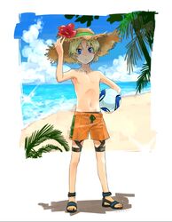  1boy aoto_gonzales_takuma ball beach blonde_hair blue_eyes blue_sky cloud clouds flower flower_on_hat ginga_e_kickoff!! hat hat_flower indesign lolicon male_focus mekabu navel ocean outdoors palm_tree sand sandals short_hair sky solo standing straw_hat swimsuit tree 