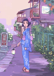  blue_kimono female flower full_body hair_flower hair_ornament house japanese_clothes kamisama_ga_uso_o_tsuku kimono lantern looking_back ozaki_kaori photoshop_(medium) pigeon-toed purple_hair sandals short_hair sidewalk sign solo suzumura_rio yukata 