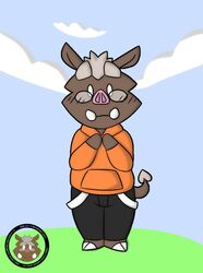  2017 anthro blush bottomwear chibi clothing cloud denim denim_bottomwear denim_clothing eyebrows eyewear glasses hoodie hooves jeans looking_at_viewer male mammal pants public slightly_chubby solo suid suina sus_(pig) sweater thick_eyebrows topwear tusks vii_rii_(vrart1) vrart1 wild_boar 