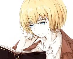  1boy armin_arlert artist_name blonde_hair blouse blue_eyes book commentary_request jacket male_focus nishigyou_teraa photoshop_(medium) reading shingeki_no_kyojin shirt simple_background smile solo white_background 