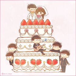  6+boys :&gt; :3 :d ayu_(mog) bad_id bad_pixiv_id black_hair bow bowtie bridal_veil brothers brown_eyes brown_hair cake crossed_legs dress female flower food formal fruit guitar instrument jyushimatsu&#039;s_girlfriend lowres matsuno_choromatsu matsuno_ichimatsu matsuno_jyushimatsu matsuno_karamatsu matsuno_osomatsu matsuno_todomatsu mini_person miniboy minigirl multiple_boys necktie open_mouth osomatsu-kun osomatsu-san osomatsu_(series) rose sextuplets siblings sitting smile strawberry suit traditional_bowtie veil wedding_cake wedding_dress 