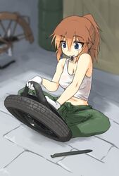  blue_eyes blurry breasts charlotte_e._yeager cleavage commentary_request covered_nipples depth_of_field female flat_tire gloves ground_vehicle hair_up highres indian_style jumpsuit long_hair makaze_(t-junction) medium_breasts moped motor_vehicle mouth_hold orange_hair pants ponytail shirt sitting solo strike_witches sweat tank_top taut_clothes taut_shirt tire white_gloves world_witches_series 