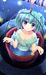  bare_shoulders blue_eyes blue_hair breasts bucket cleavage collarbone commentary_request female fireflies grass hair_bobbles hair_ornament highres in_bucket in_container kisume looking_at_viewer medium_breasts nanairo_fuusen night off_shoulder outdoors photoshop_(medium) rope short_hair smile solo touhou twintails water well wooden_bucket 