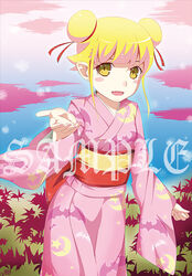  blonde_hair commentary_request double_bun edogawakid fangs female hair_bun japanese_clothes kabukimonogatari kimono long_hair monogatari_(series) oshino_shinobu photoshop_(medium) pink_kimono sample_watermark solo watermark yellow_eyes yukata 