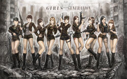  2009 6+girls 9girls apocalypse artist_name assault_rifle black_hair blonde_hair boots brown_hair camouflage character_name copyright_name crossover dated eden_hunter female girls&#039;_generation giroro gun handgun hat hats highres hyoyeon_(girls&#039;_generation) jessica_(girls&#039;_generation) jewelry k-pop keroro_gunsou keychain knee_boots leather_boots legs lineup long_hair looking_at_viewer midriff military multiple_girls necklace pinky_out pistol pose rifle rubble seohyun_(girls&#039;_generation) short_hair shorts sooyoung_(girls&#039;_generation) submachinegun sunny_(girls&#039;_generation) taeyeon_(girls&#039;_generation) thigh_strap tiffany_(girls&#039;_generation) uniform weapon yoona_(girls&#039;_generation) yuri_(girls&#039;_generation) 