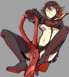  blue_eyes boots breasts commentary_request doudoude_dou female high_heels kill_la_kill matoi_ryuuko medium_breasts multicolored_hair navel revealing_clothes scissor_blade_(kill_la_kill) senketsu short_hair solo spread_legs sword thigh_boots thighhighs two-tone_hair weapon 