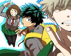  2boys ;) bad_id bad_pixiv_id bag bakugou_katsuki black_hair black_legwear blonde_hair blush_stickers boku_no_hero_academia bookbag brown_eyes brown_hair female freckles green_hair green_skirt grin long_sleeves middle_finger midoriya_izuku multicolored_hair multiple_boys necktie one_eye_closed open_mouth orange_eyes pantyhose pleated_skirt school_uniform sharp_teeth short_hair skirt smile streaked_hair teeth u.a._school_uniform uraraka_ochako yagiushi_(sinnpatilove) 