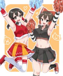  2girls black_eyes black_hair black_legwear black_skirt blush bow breasts brown_hair cheerleader cili_(cookie) collarbone commentary cookie_(touhou) gnzy hair_ornament hair_tubes hairbow hairclip hakurei_reimu heart highres kneehighs large_breasts looking_at_viewer maru_(cookie) multicolored_clothes multicolored_skirt multiple_girls navel open_mouth pom_pom_(cheerleading) red_bow red_skirt shoes skirt smile sneakers socks thighhighs touhou white_legwear yellow_skirt 