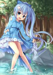  :d absurdres barefoot blue_bow blue_dress blue_eyes blue_hair blurry blurry_background blush bow breasts commentary_request day dress female flower_knight_girl forest hair_ornament hairbow highres lens_flare long_hair looking_at_viewer nature nerine_(flower_knight_girl) open_mouth outdoors ponytail rock skirt skirt_hold small_breasts smile smileltha solo standing very_long_hair water 