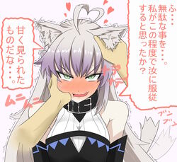  ahoge animal_ears atalanta_(fate) atalanta_alter_(fate) atalanta_alter_(first_ascension)_(fate) bare_shoulders belt_collar black_collar blush braid breasts buckle cheek_pinching collar commentary_request detached_sleeves disembodied_hand embarrassed fate/grand_order fate_(series) female french_braid full-face_blush green_eyes grey_hair hair_between_eyes halterneck hand_on_another&#039;s_ear headpat heart heart_ahoge highres long_hair looking_at_viewer motion_blur motion_lines oerba_yun_fang open_mouth pale_skin pinching playing_with_another&#039;s_ears pov pov_hands purple_hair rakku_(10219563) sidelocks simple_background slit_pupils small_breasts solo_focus speech_bubble striped sweatdrop tail tail_wagging talking translated trembling tsurime upper_body v-shaped_eyebrows white_background 