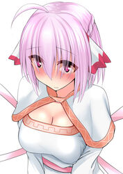  ahoge blush braid breasts cleavage cleavage_cutout clothing_cutout commentary_request cyclamen_(flower_knight_girl) eyes_visible_through_hair female flower_knight_girl half_updo kashiwamochi_(kashiwakashiwa) large_breasts looking_at_viewer pink_hair purple_eyes shawl short_hair smile solo upper_body white_background 