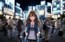  analog_clock artist_request billboard black_pants blue_eyes brown_hair city clock closed_mouth collarbone crowd denim denim_jacket dot_nose earrings female glowing hands_in_pockets idolmaster idolmaster_cinderella_girls idolmaster_cinderella_girls_starlight_stage jacket jeans jewelry light_smile lights lips long_hair long_sleeves looking_at_viewer motion_blur necklace night night_sky official_art outdoors pants parted_bangs pocket print_shirt shibuya_rin shirt sky sleeves_rolled_up solo_focus stage_of_magic_(idolmaster) standing star_(symbol) star_earrings stud_earrings thigh_gap tree unbuttoned white_shirt window wing_collar zipper 