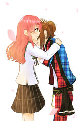  2girls absurdres anzu_(ensemble_stars!) brown_hair comachi_(hinousakiti) commentary_request ensemble_stars! hair_ornament hairclip highres hug kimisaki_school_uniform long_hair multiple_girls pink_hair plaid ponytail school_uniform serafuku smile spoilers star_(symbol) tears yakumo_chizuru 