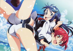  2girls absurdres ass ass-to-ass assisted_stretching back-to-back bent_over blue_eyes blue_hair bow brown_eyes from_behind futaba_aoi_(vividred_operation) hairband highres isshiki_akane lifting_person locked_arms long_hair looking_back multiple_girls national_shin_ooshima_school_uniform open_mouth red_hair scan school_uniform short_hair short_shorts shorts smile split_mouth spread_legs tanaka_yuusuke vividred_operation 