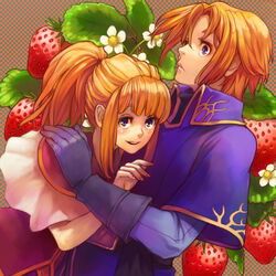  1boy blonde_hair bonjour brother_and_sister capelet clarine_(fire_emblem) commentary_request dutch_angle female fire_emblem fire_emblem:_the_binding_blade food fruit gloves hair_between_eyes hug klein_(fire_emblem) long_hair long_sleeves looking_at_viewer open_mouth photoshop_(medium) polka_dot polka_dot_background ponytail profile purple_eyes robe short_hair siblings sidelocks smile strawberry upper_body 