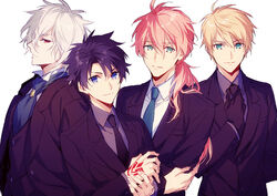  4boys adjusting_clothes adjusting_necktie ahoge alternate_costume arthur_pendragon_(fate) artoria_pendragon_(fate) black_gloves black_hair black_necktie blonde_hair blue_eyes closed_mouth command_spell commentary_request cosplay edmond_dantes_(fate) fate/grand_order fate/prototype fate/zero fate_(series) formal fujimaru_ritsuka_(male) fujimaru_ritsuka_(male)_(royal_brand) gloves green_eyes green_necktie long_hair looking_at_viewer male_focus multiple_boys necktie orange_hair parted_lips ponytail red_eyes romani_archaman saber_(fate) saber_(fate)_(cosplay) simple_background suit upper_body white_background white_hair xia_(ryugo) 