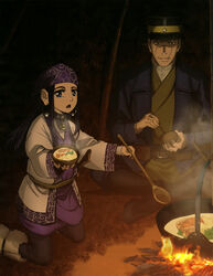  1boy absurdres ainu ainu_clothes artist_request asirpa bandana belt black_choker black_footwear black_hair black_hat blue_eyes blue_jacket blue_pants boots bowl brown_eyes brown_hair campfire choker chopsticks crossed_legs earrings female fire food fur_boots golden_kamuy green_kimono hat highres hoop_earrings indoors jacket japanese_clothes jewelry kepi kimono kneeling long_hair looking_at_viewer magazine_request military_hat night official_art open_mouth outstretched_arm pants pet_bowl print_bandana purple_bandana scan scar scar_on_cheek scar_on_face scar_on_mouth scar_on_nose shirt sitting smirk star_(symbol) sugimoto_saichi two-tone_headwear uniform white_shirt yellow_headwear 