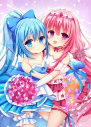  2girls :d armband bare_shoulders blue_bow blue_dress blue_eyes blue_hair blush bouquet bow bridal_gauntlets commentary_request dress flat_chest flower flower_knight_girl gloves hairband hairbow hanamomo_(flower_knight_girl) highres hug long_hair looking_at_viewer minkusu multiple_girls nerine_(flower_knight_girl) open_mouth pink_dress pink_eyes pink_hair ponytail smile thigh_strap twintails wedding_dress white_gloves 