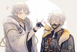  2boys abandon_ranka armor black_gloves commentary_request fox fox_shadow_puppet fox_shadow_puppet_kiss gloves heart hood japanese_armor japanese_clothes male_focus menpoo multiple_boys musical_note nakigitsune nakigitsune&#039;s_fox necktie partially_fingerless_gloves smile touken_ranbu tsurumaru_kuninaga white_hair yellow_eyes 