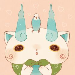  abbreviated_karakusa animal animal_on_head bad_id bad_pixiv_id bird bird_on_head blush furoshiki furoshiki_around_neck heart kanacho komasan no_humans on_head open_mouth parakeet simple_background solo upper_body youkai_(youkai_watch) youkai_watch 