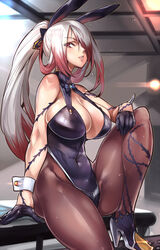  akinaie animal_ears asmodeus_(megido72) ass bare_shoulders black_gloves black_pantyhose bow bowtie breasts cleavage commentary_request covered_navel female gloves grey_hair hair_over_one_eye half_gloves high_heels highres large_breasts leotard long_hair looking_at_viewer megido72 pantyhose parted_lips ponytail rabbit_ears red_eyes red_hair simple_background sleeveless solo very_long_hair wrist_cuffs 