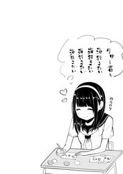  blush c: chair check_translation closed_eyes closed_mouth commentary_request desk female gashapon greyscale hairband heart holding holding_pencil kentaurosu long_hair matsuno_chiya mechanical_pencil monochrome neckerchief original paper partially_translated pencil school_desk school_uniform serafuku short_sleeves simple_background sitting smile solo thought_bubble translation_request upper_body white_background writing 