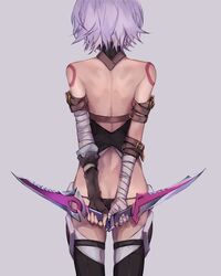  arm_belt arms_behind_back ashita_kura ass back bandaged_arm bandages black_panties black_thighhighs butt_crack commentary_request dagger dual_wielding facing_away fate/grand_order fate_(series) female fingerless_gloves from_behind gloves grey_background grey_hair highres holding holding_knife jack_the_ripper_(fate/apocrypha) knife lowleg lowleg_panties median_furrow panties short_hair shoulder_tattoo simple_background single_glove solo standing tattoo thighhighs underwear weapon 