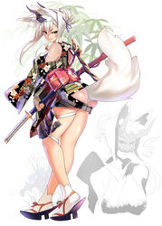  animal_ear_fluff animal_ears armor ass ass_cutout bare_shoulders brown_eyes closed_mouth clothing_cutout commentary_request dragonmaterial female finger_to_mouth fingerless_gloves fishnets fox_ears fox_tail full_body gloves hair_bun japanese_clothes katana kimono leaning_forward mask mask_on_head obi oni_mask original panties sandals sash short_kimono sidelocks single_hair_bun smile solo standing sword tabi tail tail_through_clothes thigh_strap underwear weapon white_gloves white_hair white_panties 