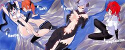  4girls armpits back bare_shoulders barefoot black_hair blue_eyes breast_grab breasts cleavage closed_eyes dress dress_shirt dungeon_ni_deai_wo_motomeru_no_wa_machigatteiru_darou_ka earring elbow_gloves eyepatch freya_(danmachi) gloves grabbing grin hair_ornament hephaistos_(danmachi) hestia_(danmachi) highres large_breasts lavender_eyes loki_(danmachi) long_hair lying midriff multiple_girls navel open_mouth panties ponytail red_eyes red_hair revealing_clothes shirt short_hair sitting smile tears twintails underwear white_panties white_shirt 