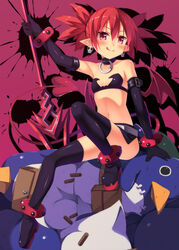  :q anklet bad_id bad_pixiv_id bat_wings bird black_thighhighs boots bracelet choker disgaea earrings elbow_gloves elder_spear etna_(disgaea) female flat_chest full_body gloves highres jewelry kinta_(distortion) makai_senki_disgaea midriff miniskirt navel penguin photoshop_(medium) pointy_ears polearm prinny purple_background red_eyes red_hair short_hair skirt spear sweat tail thigh_boots thighhighs tongue tongue_out twintails weapon wings 