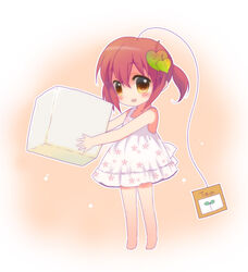  barefoot commentary dress female female kuromaru lolicon minigirl orange_eyes original personification red_hair short_hair solo sugar_cube sundress tea_bag teabag 