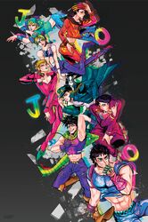  6+boys afterimage artist_name battle_tendency blonde_hair boots braid canine chains crop_top diamond_wa_kudakenai dixie_cup_hat double_bun female fingerless_gloves gakuran giorno_giovanna gloves hair_bun halterneck hat headband higashikata_josuke higashikata_josuke_(jojolion) iggy_(jojo) johnny_joestar jojo_no_kimyou_na_bouken jojo_pose jojolion jonathan_joestar jonathan_joestar&#039;s_pose_(jojo) joseph_joestar joseph_joestar_(young) jubopy kujo_jolyne kujo_jotaro lipstick makeup midriff military_hat multicolored_hair multiple_boys navel_piercing phantom_blood piercing scarf school_uniform standing stardust_crusaders steel_ball_run stone_ocean two-tone_hair vento_aureo 