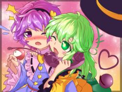  +++ 2girls bad_id bad_pixiv_id blouse blush blush_stickers border flying_sweatdrops frilled_sleeves frills gradient_background green_eyes green_hair hand_on_another&#039;s_shoulder hat heart komeiji_koishi komeiji_satori light_particles light_purple_hair long_sleeves looking_at_another multiple_girls nomayo one_eye_closed open_mouth phone purple_eyes shirt short_hair siblings sisters skirt surprised third_eye touhou unworn_hat unworn_headwear urban_legend_in_limbo wide_sleeves 