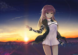  adapted_costume ame_(uten_cancel) backlighting bad_id bad_pixiv_id black_coat blonde_hair blue_sky breasts censored city city_lights cityscape cloud coat contrail dated dress female floating gradient_hair hand_up highres hijiri_byakuren hokkai houjuu_nue juliet_sleeves lens_flare light_rays long_hair long_sleeves looking_down looking_to_the_side makai_(touhou) medium_breasts mountain multicolored_hair photoshop_(medium) puffy_sleeves purple_hair short_dress silhouette sky solo sun sunbeam sunburst sunlight sunrise thighs touhou turtleneck ufo white_dress yellow_eyes 